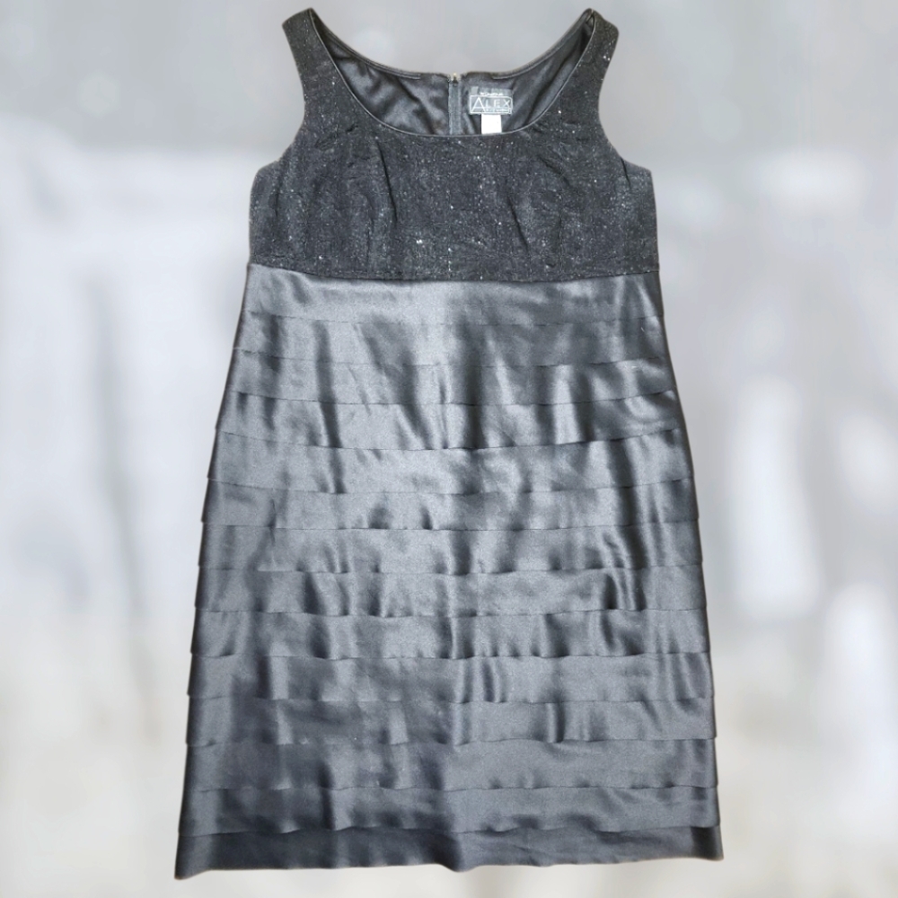 Alex Evenings Black Sleeveless Cocktail Dress with Sparkle Bodice & Tiered Satin